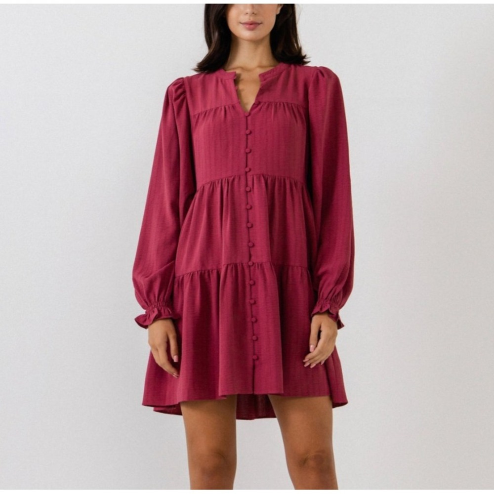 Free The Roses Texture Tiered Mini Dress M Red Long Sleeve Relaxed Cottagecore